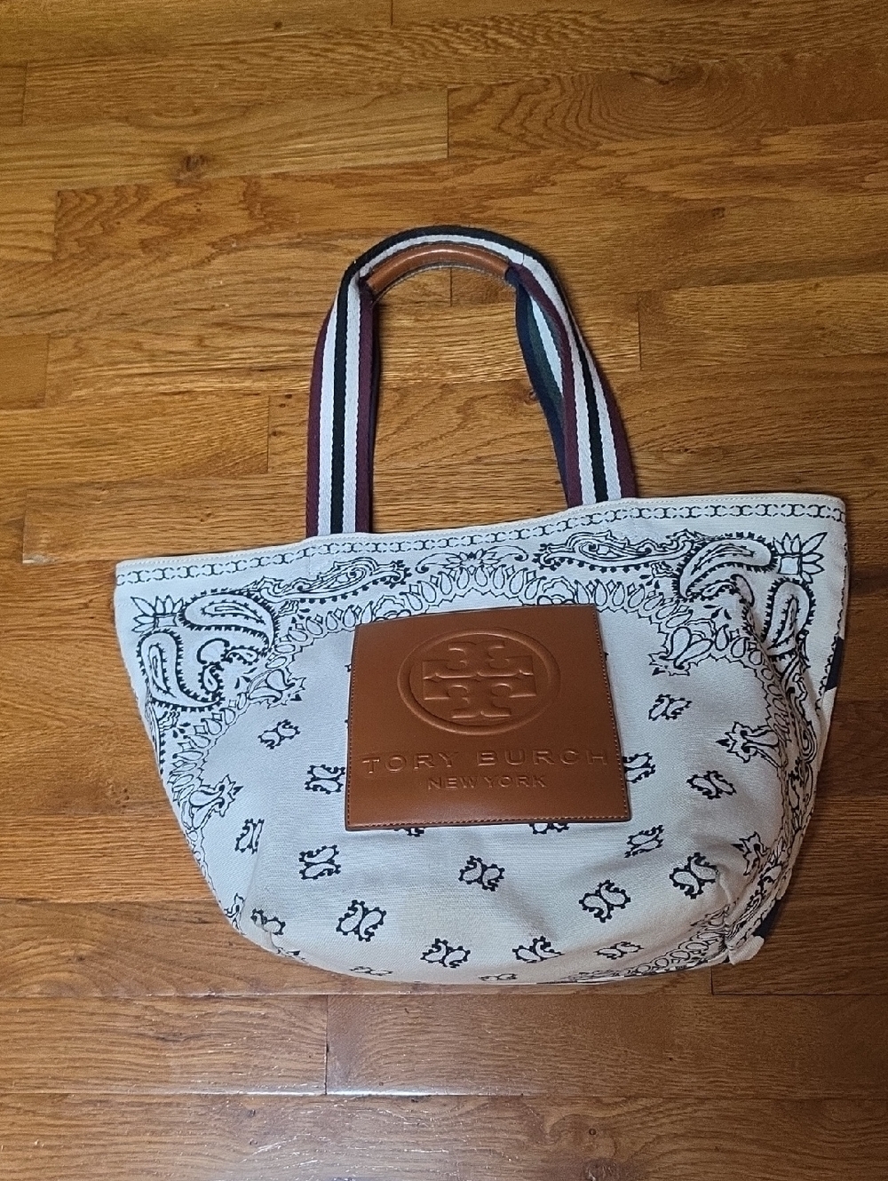 Tory Burch Cream Canvas Tote with Tan Leather Logo Patch and Striped Handles